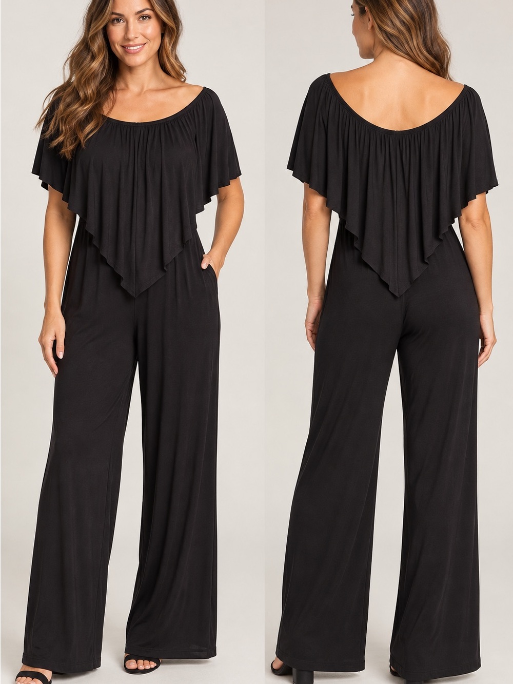 Hot in Hollywood Black Off Shoulder Ruffle Wide Leg Jumpsuit M